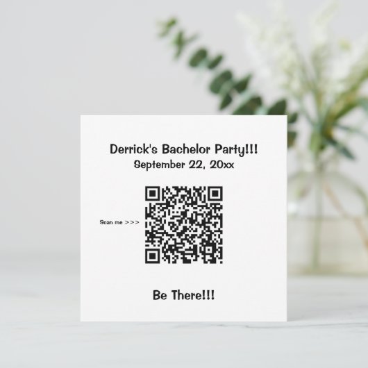 Basis uitnodiging voor vrijgezellenfeest met QR-co (Staand voorkant)