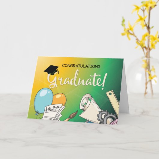 Basisschool Afstuderen, ballonnen Kaart (Gele Bloem)