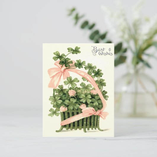 Basket roze lint Shamrock Four Leaf Clover Briefkaart (Staand voorkant)