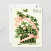 Basket roze lint Shamrock Four Leaf Clover Briefkaart (Voorkant / Achterkant)