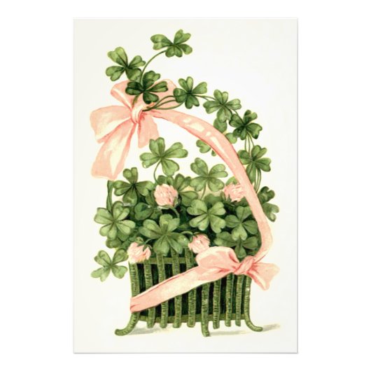Basket roze lint Shamrock Four Leaf Clover Foto Afdruk (Voorkant)