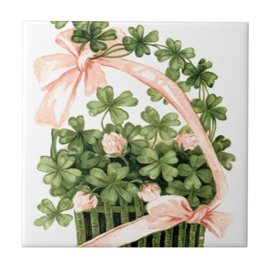 Basket roze lint Shamrock Four Leaf Clover Tegeltje (Voorkant)