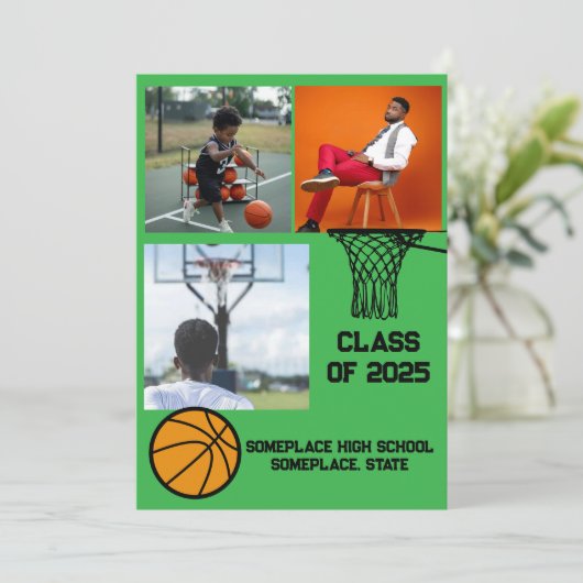 Basketbal 3 Foto Collage Groen Afstuderen Aankondiging (Staand voorkant)