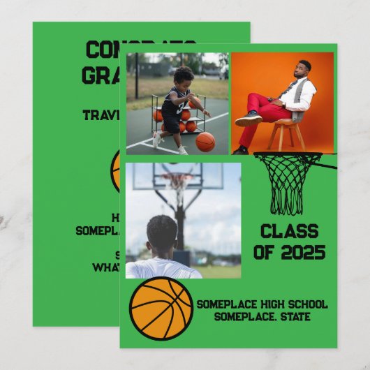 Basketbal 3 Foto Collage Groen Afstuderen Aankondiging (Voorkant / Achterkant)