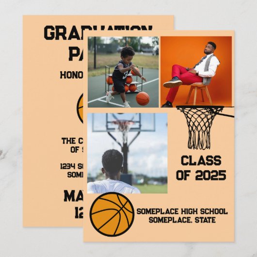 Basketbal 3 Foto Collage Perzik Afstuderen Kaart (Voorkant / Achterkant)