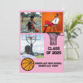 Basketbal 3 Photo Collage Roze Afstuderen Aankondiging (Staand voorkant)