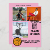 Basketbal 3 Photo Collage Roze Afstuderen Aankondiging (Voorkant / Achterkant)