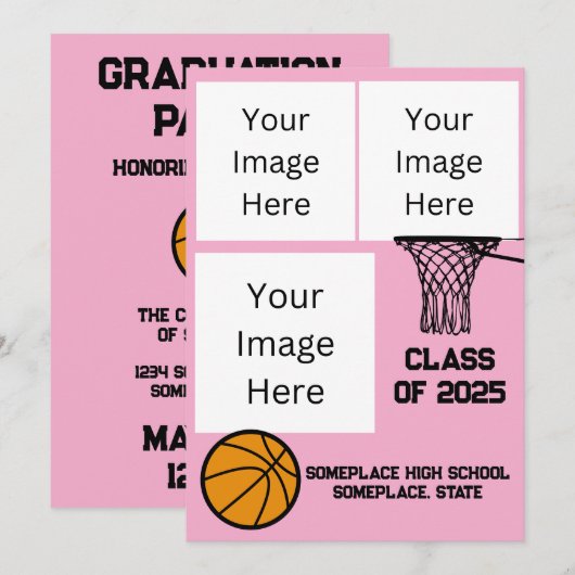 Basketbal 3 Photo Collage Roze Afstuderen Kaart (Voorkant / Achterkant)