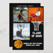 Basketbal 3 Photo Collage Zwart Afstuderen Aankondiging (Voorkant / Achterkant)