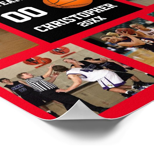 Basketbal 7 Fotocollage Rode teamnaam Poster (Hoek)