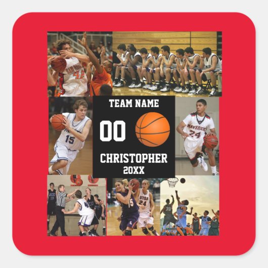 Basketbal 7 Fotocollage Rode teamnaam Vierkante Sticker (Voorkant)
