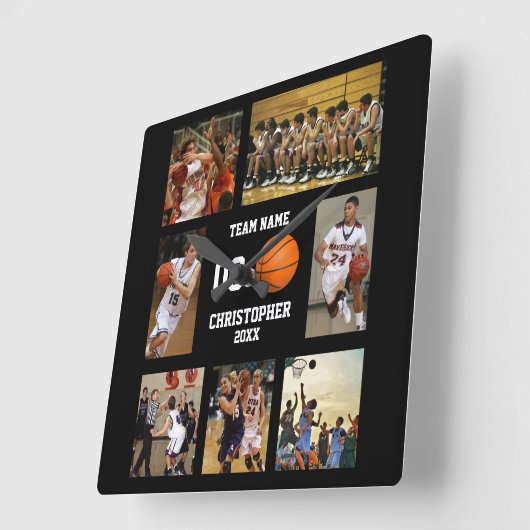 Basketbal 7 fotocollage vierkante klok (Hoek)