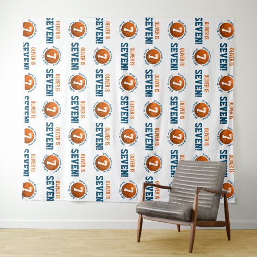 Basketbal 7e verjaardag jongen | Step Repeat Achte Wandkleed (In Situ (horizontaal))