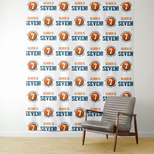 Basketbal 7e verjaardag jongen | Step Repeat Achte Wandkleed (In situ)