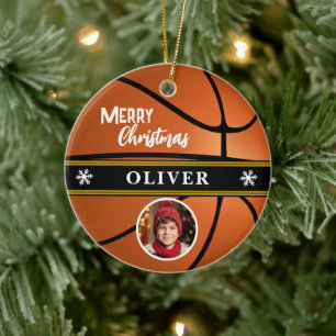 Basketbal Aangepaste Naam Vrolijk Kerstfoto Keramisch Ornament