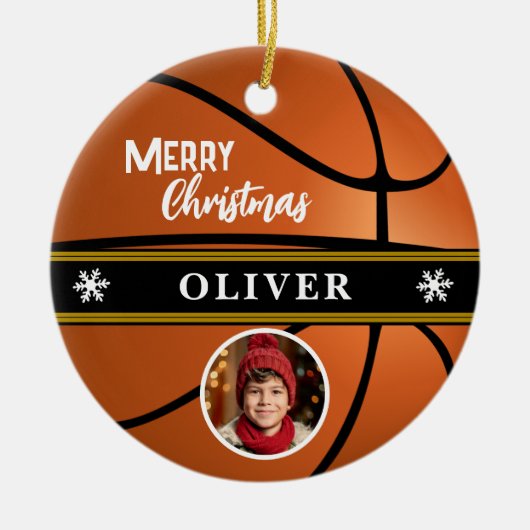 Basketbal Aangepaste Naam Vrolijk Kerstfoto Keramisch Ornament (Voorkant)