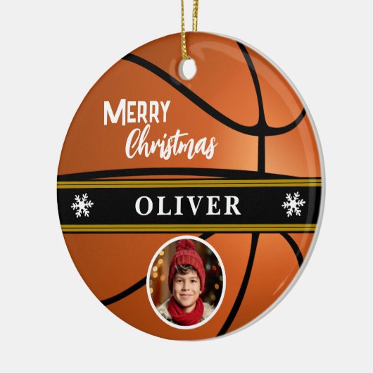Basketbal Aangepaste Naam Vrolijk Kerstfoto Keramisch Ornament (Links)