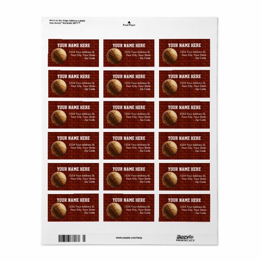 Basketbal Adresetiketten Etiket (Full Sheet)