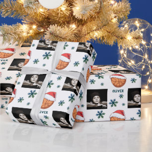 Basketbal Bal Kerstman Hoed Sneeuwvlok Naam Foto Cadeaupapier