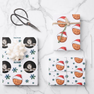 Basketbal Bal Kerstman Hoed Sneeuwvlok Naam Foto Inpakpapier Vel