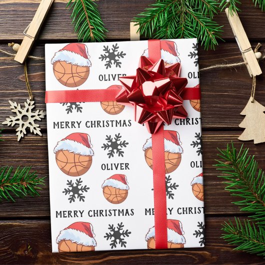 Basketbal Bal met rode Santa Hat Sneeuwvlok Naam Cadeaupapier
