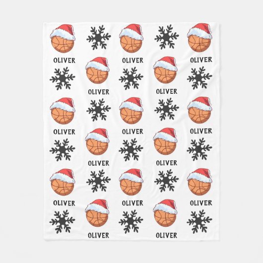 Basketbal Bal met rode Santa Hat Sneeuwvlok Naam Fleece Deken (Voorkant)