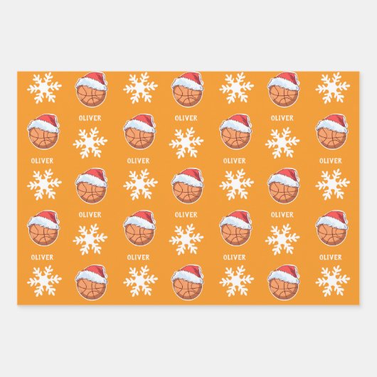 Basketbal Bal met Rode Santa Hoed Sneeuwvlok Naam Inpakpapier Vel (Voorkant 3)