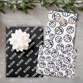 Basketbal Bal Patroon Zwart en Wit Naam Inpakpapier Vel