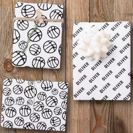Basketbal Bal Patroon Zwart en Wit Naam Inpakpapier Vel