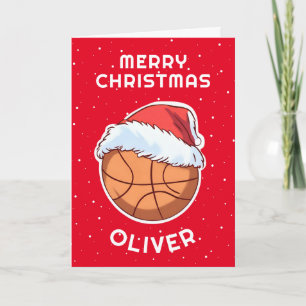 Basketbal Bal Rode Kerstman Hoed Kerst Kind Naam  Feestdagen Kaart