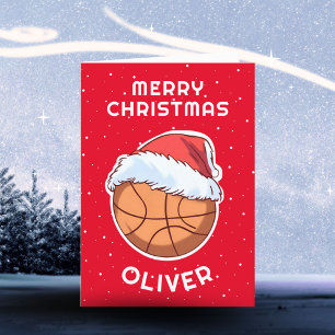 Basketbal Bal Rode Kerstman Hoed Kerst Kind Naam  Feestdagen Kaart