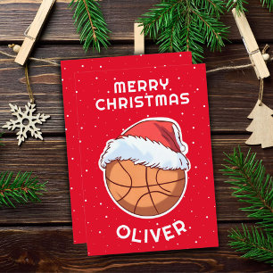 Basketbal Bal Rode Kerstman Hoed Kerst Kind Naam  Feestdagenkaart