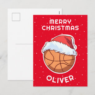 Basketbal Bal Rode Kerstman Hoed Kerst Kind Naam  Feestdagenkaart
