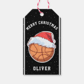 Basketbal bal Santa Hoed Naam Vrolijk Kerstfeest Cadeaulabel (Achterkant)