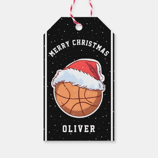 Basketbal bal Santa Hoed Naam Vrolijk Kerstfeest Cadeaulabel (Achterkant)