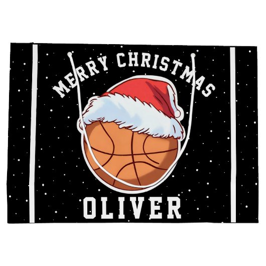 Basketbal bal Santa Hoed Naam Vrolijk Kerstfeest Groot Cadeauzakje (Achterkant)