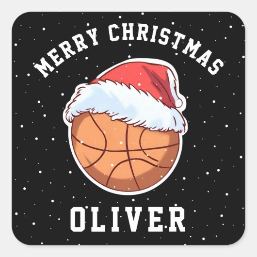 Basketbal bal Santa Hoed Naam Vrolijk Kerstfeest Vierkante Sticker (Voorkant)
