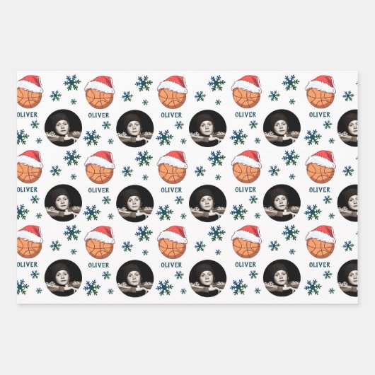 Basketbal bal Santa Hoed Snowflake Naam Foto Inpakpapier Vel (Voorkant)