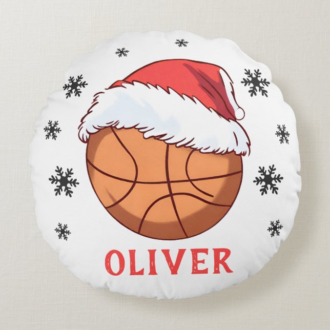 Basketbal Bal Santa Hoed Snowflake Naam Rond Kussen (Voorkant)