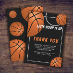 Basketbal Bal Sport Kids Verjaardag Bedankkaart<br><div class="desc">Basketbal Ball Fun Sports Kids Verjaardag Dank u kaart. Het ontwerp heeft een leuke tekst "Let's hoop it up" en basketbalballen op een zwarte achtergrond. Voeg uw bedankbriefje en naam toe.</div>