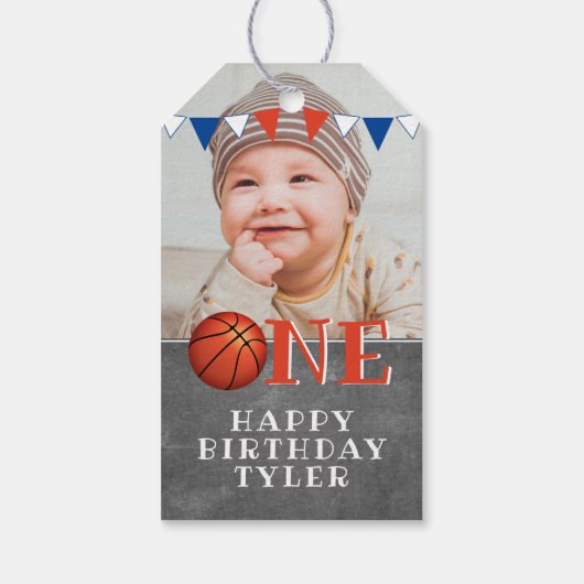 Basketbal Ball ONE Chalkboard Foto 1e Verjaardag Cadeaulabel (Achterkant)