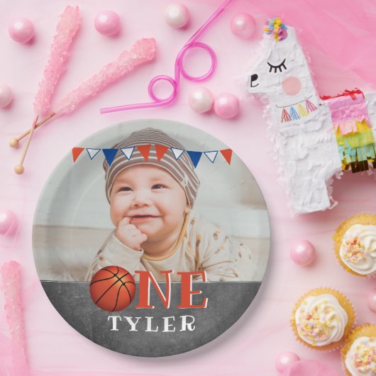 Basketbal Ball ONE Chalkboard Foto 1e Verjaardag Papieren Bordje (Feest)