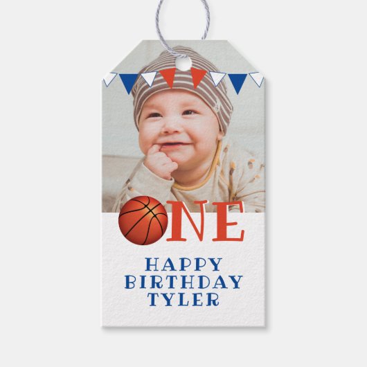Basketbal Ball ONE Foto 1e Verjaardag Cadeaulabel (Voorkant)