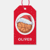 Basketbal Ball Red Santa Hat Kerst Kind Naam Cadeaulabel (Voorkant)