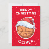 Basketbal Ball Red Santa Hat Kerst Kind Naam Feestdagenkaart (Voorkant)