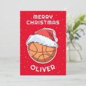 Basketbal Ball Red Santa Hat Kerst Kind Naam Feestdagenkaart (Staand voorkant)