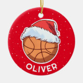 Basketbal Ball Red Santa Hat Kerst Kind Naam Keramisch Ornament (Voorkant)