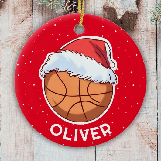 Basketbal Ball Red Santa Hat Kerst Kind Naam Keramisch Ornament
