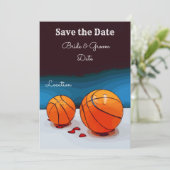 Basketbal bruiloft met liefde op blauwe achtergron kaart (Staand voorkant)