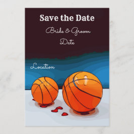 Basketbal bruiloft met liefde op blauwe achtergron kaart